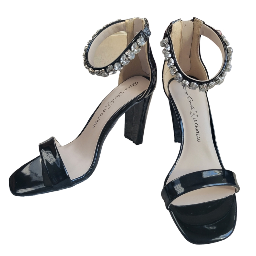 Le Chateau Jeweled Black Patent Leather Square Toe 3.5" Thick Heeled Sandals NIB